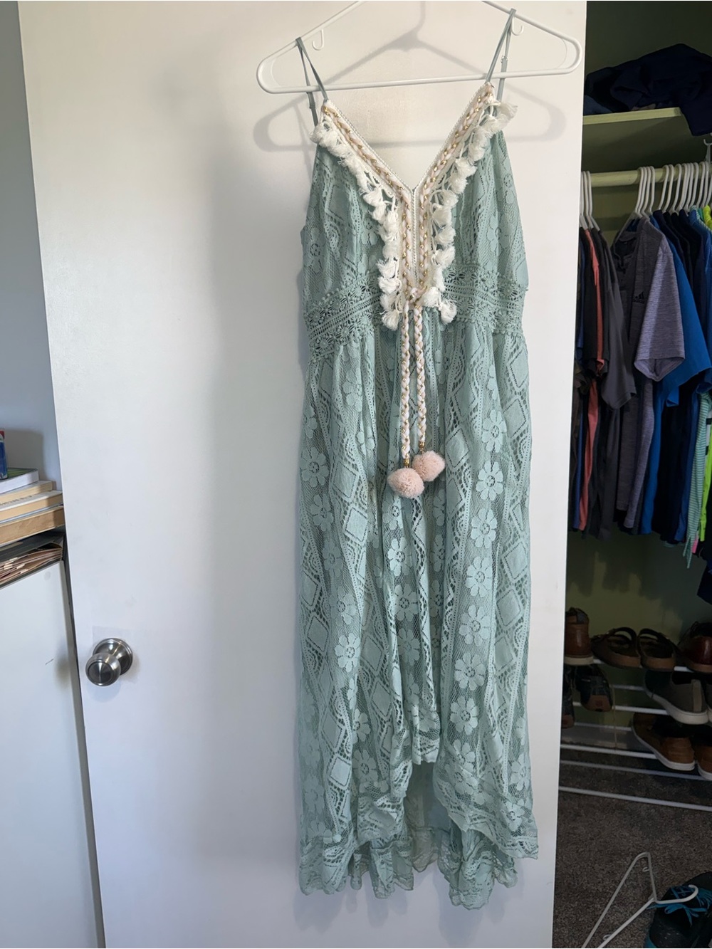 Cupshe Sage Green Crochet Lace Maxi Dress with Tassel Trim